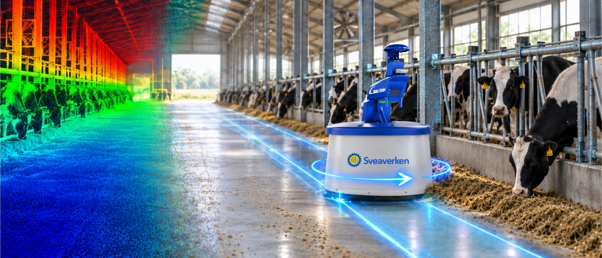Sveaverken Nimbo X Kraft+ pushing feed beside dairy cows, with 3D mapping visualisation